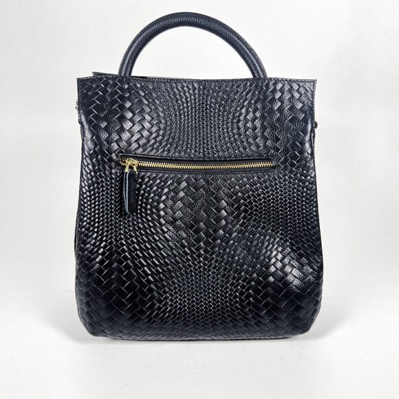 Verano Hill Lacey Black Genuine Leather Woven Tote Shoulder Bag w/ Strap - Picture 1 of 4